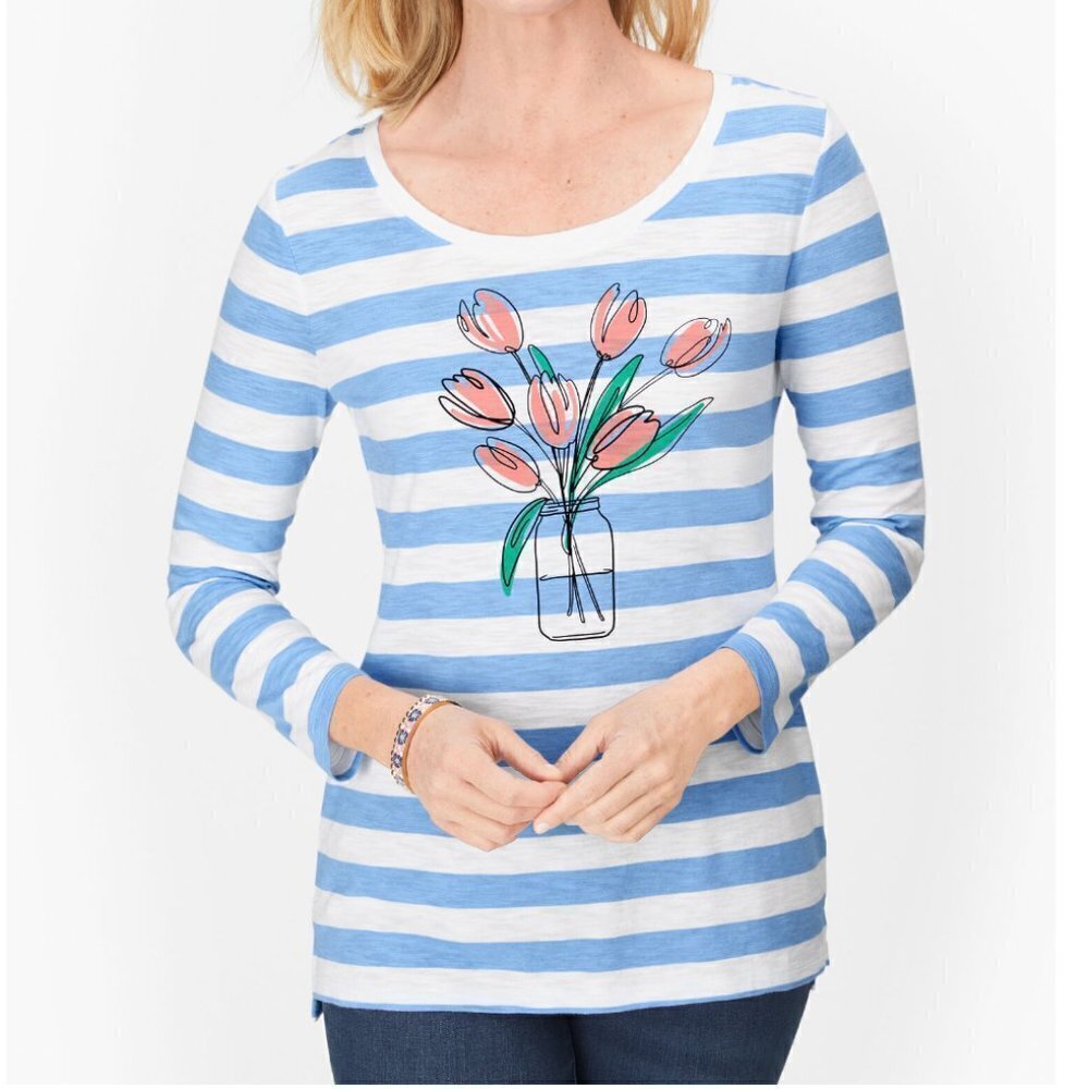 Talbots Tulips Stripe Light Blue White Novelty Floral Shirt 3/4 Sleeve size XL